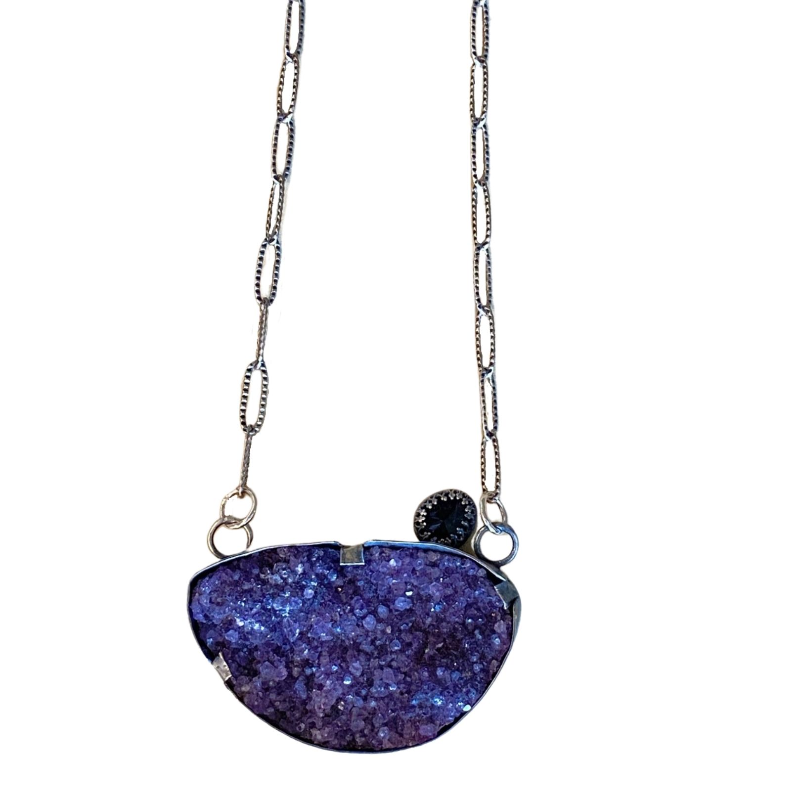 Amethyst druzy crystal with iolite gem in Sterling silver necklace