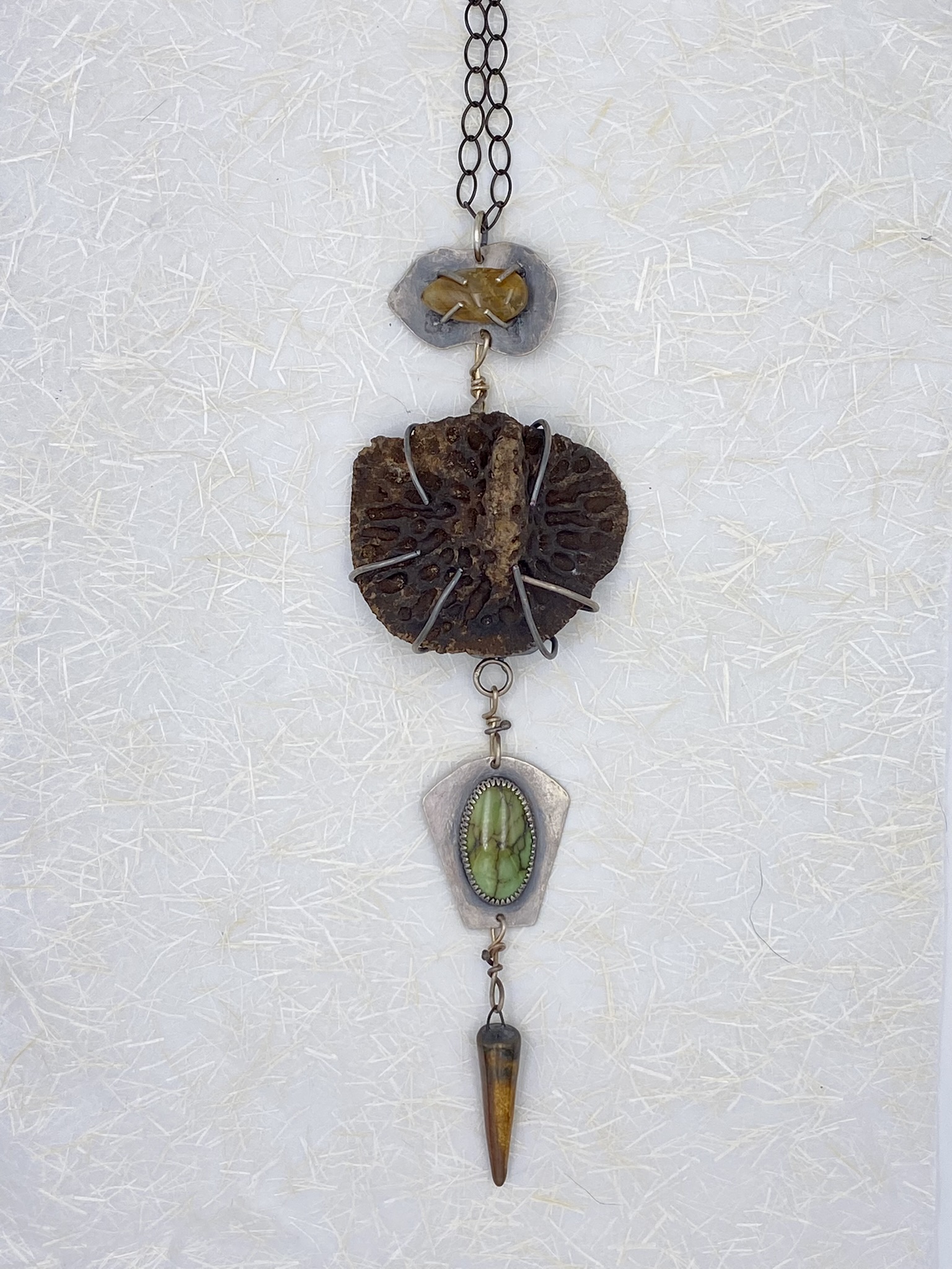 Sterling silver necklace with rutilated quarts, alligator osteoderm fossil, turquoise, and ceramic cone